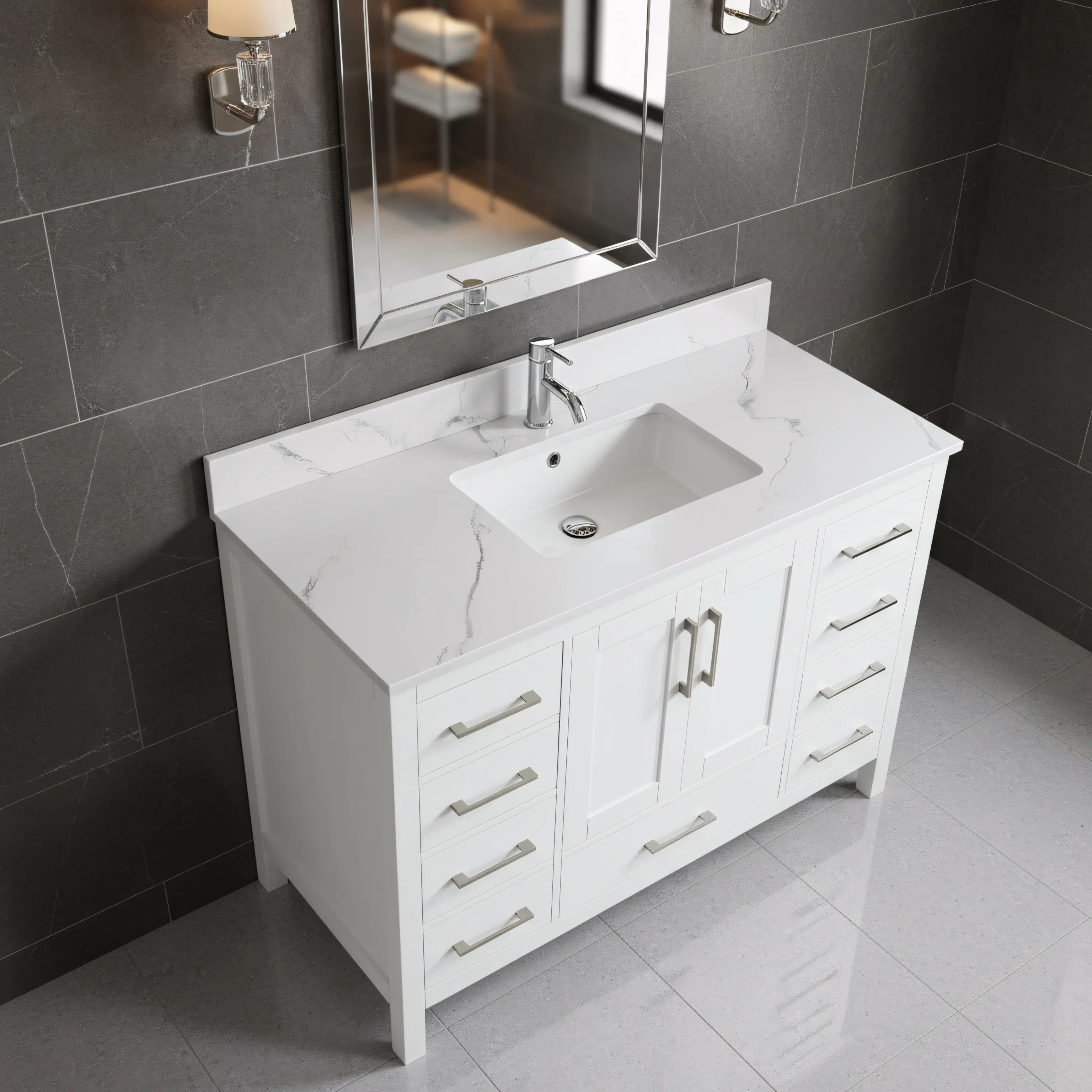48" White Freestanding Bathroom Vanity with Engineered Calcutta Marble Countertop