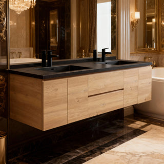 Meuble-Lavabo 72po Chêne Brut avec Comptoir de 72 Quartz Noir Lavabo Double