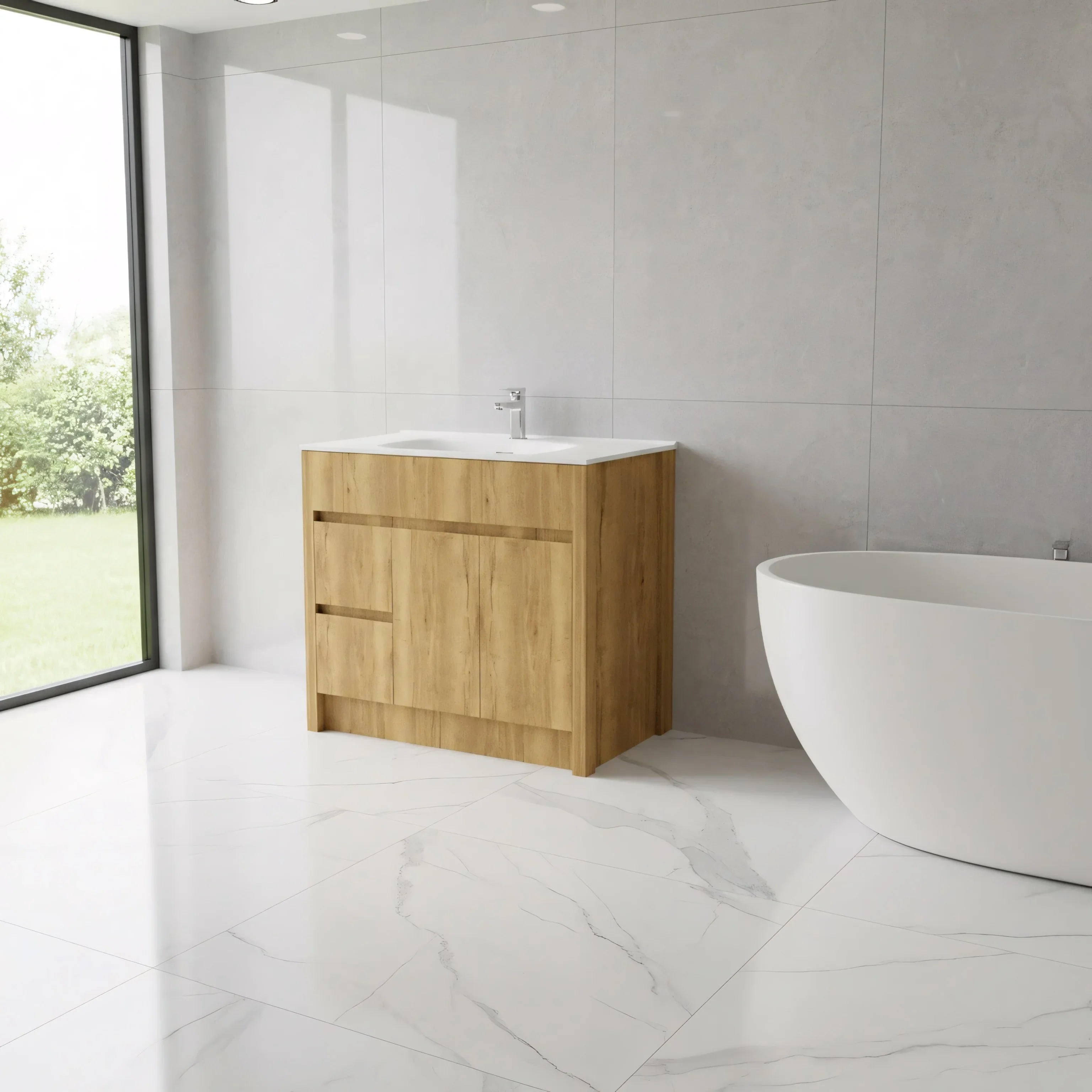 Meuble-Lavabo Autoportant 40po Chêne Givré avec Comptoir de Céramique Blanc