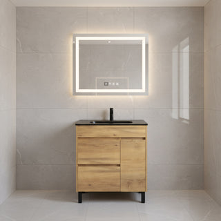 30" Frosted Oak Freestanding Single Sink Bathroom Vanity with Black Ceramic Countertop