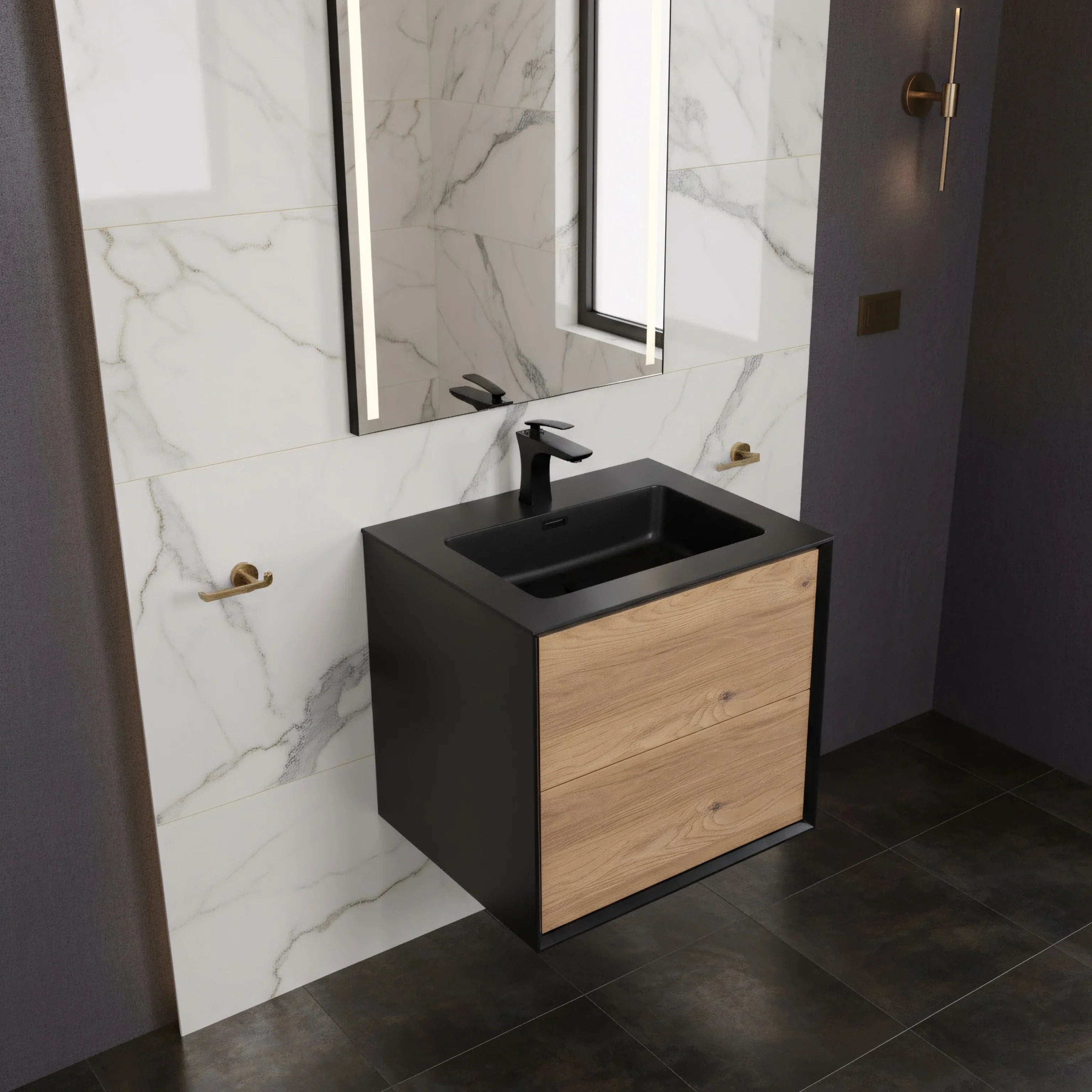 24" Black & Rough Oak Wall Mount Bathroom Vanity with Black Engineered Quartz Countertop