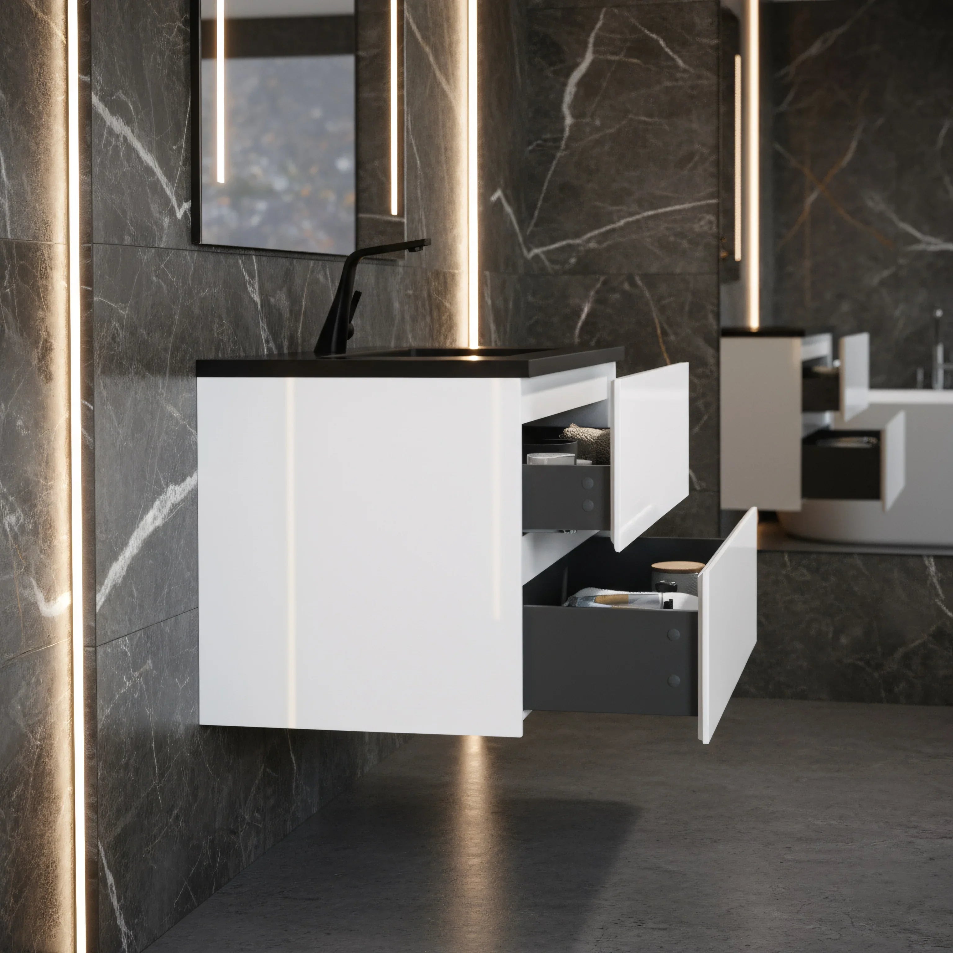 36" White Wall Mount Bathroom Vanity with Black Engineered Quartz Countertop