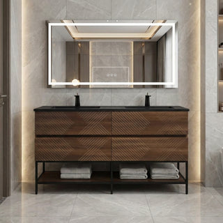 Meuble-Lavabo Mural 60po Noyer avec Comptoir de Quartz d'ingénierie Noir