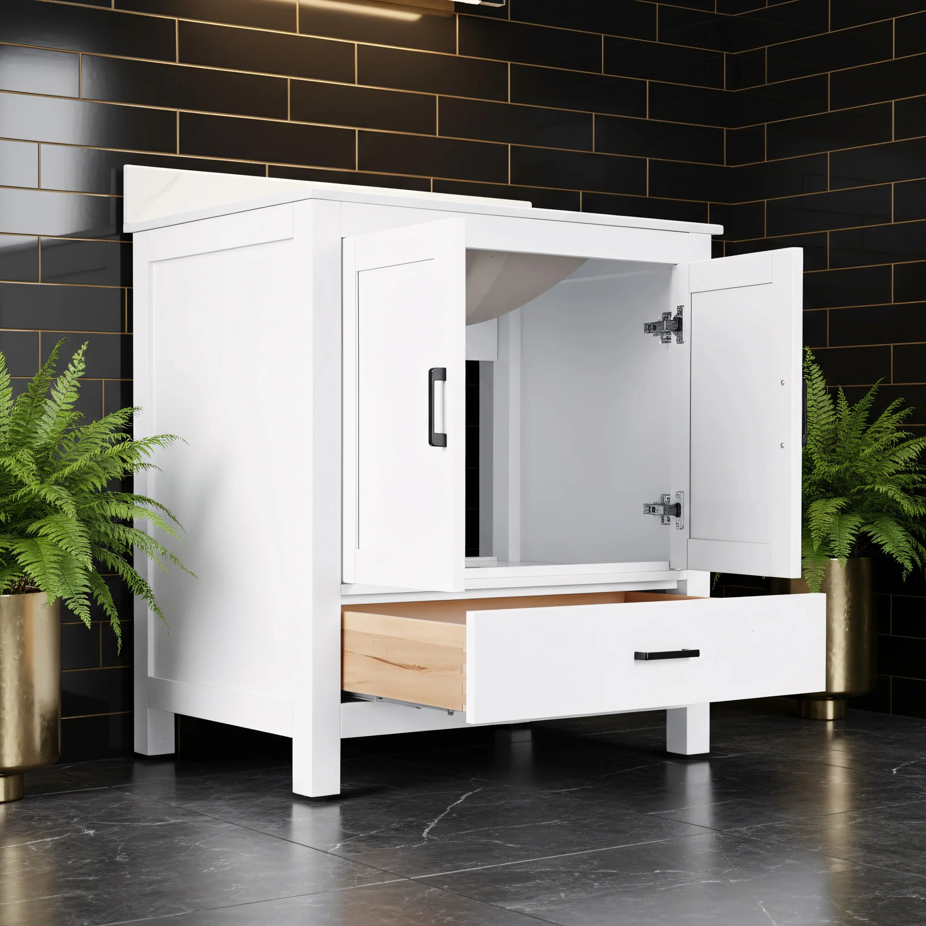 30" White Freestanding Single Sink Bathroom Vanity with Engineered Calcutta Marble Countertop