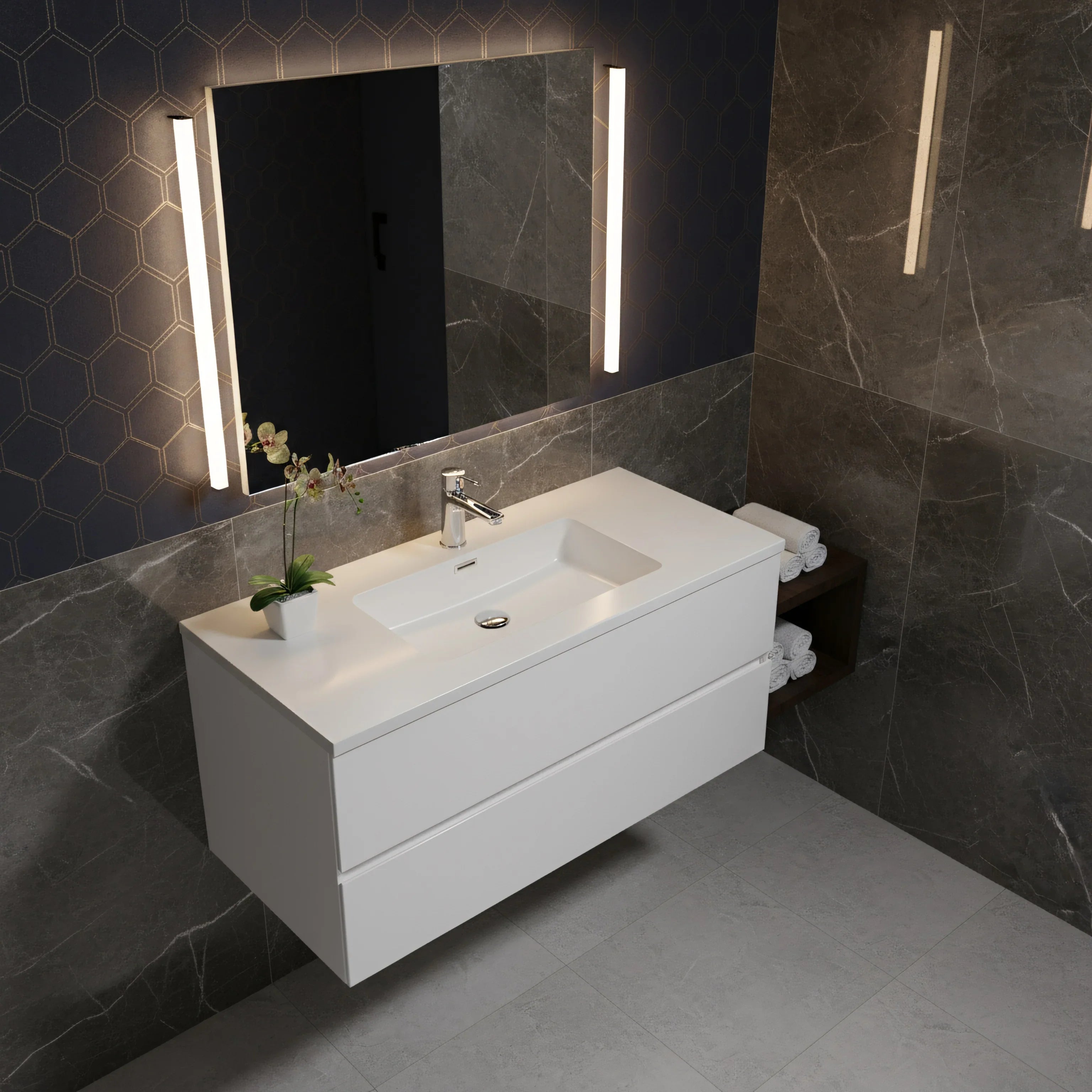 48" White Wall Mount Single Sink Bathroom Vanity with White Polymarble Countertop