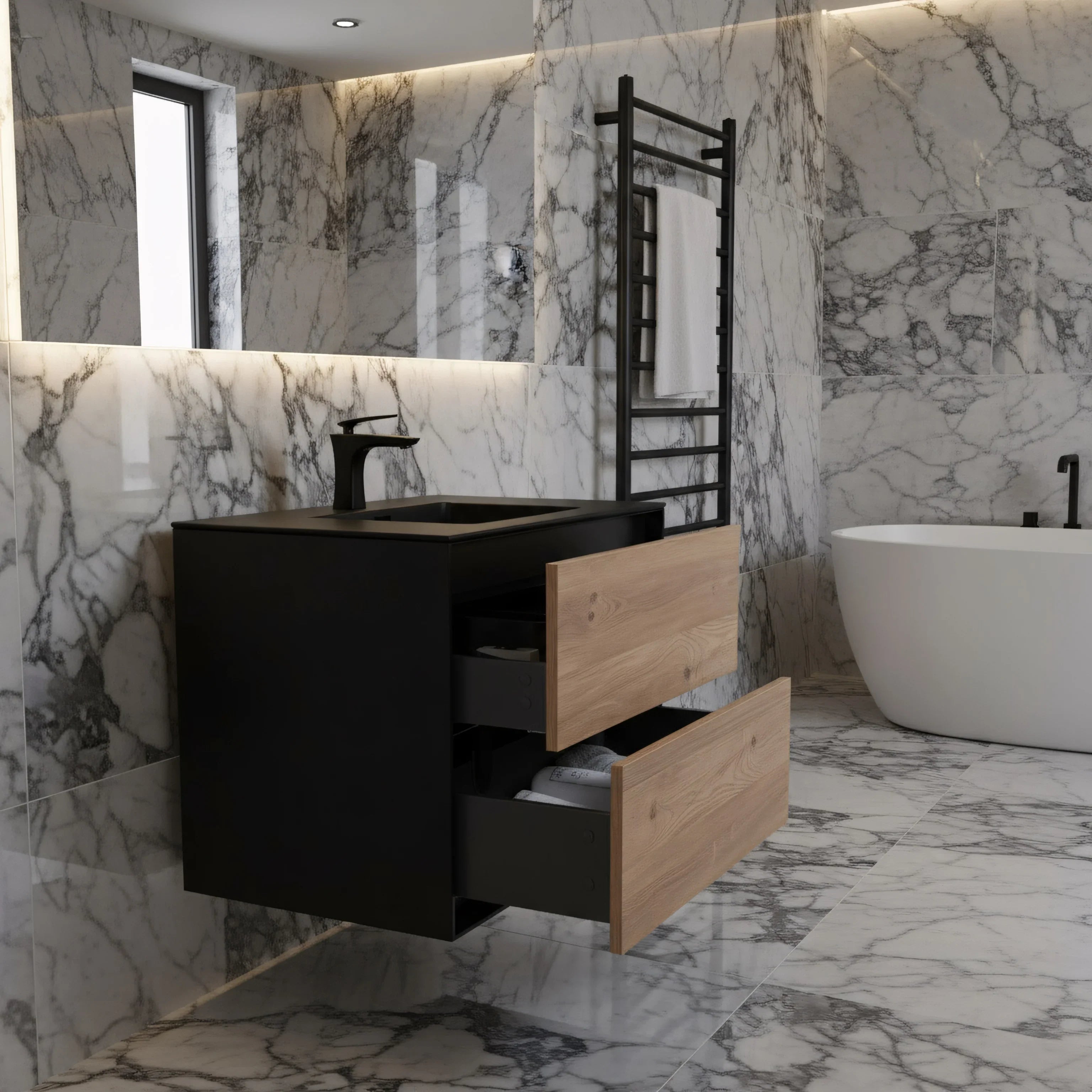 36" Black & Rough Oak Wall Mount Bathroom Vanity with Black Engineered Quartz Countertop Fleur