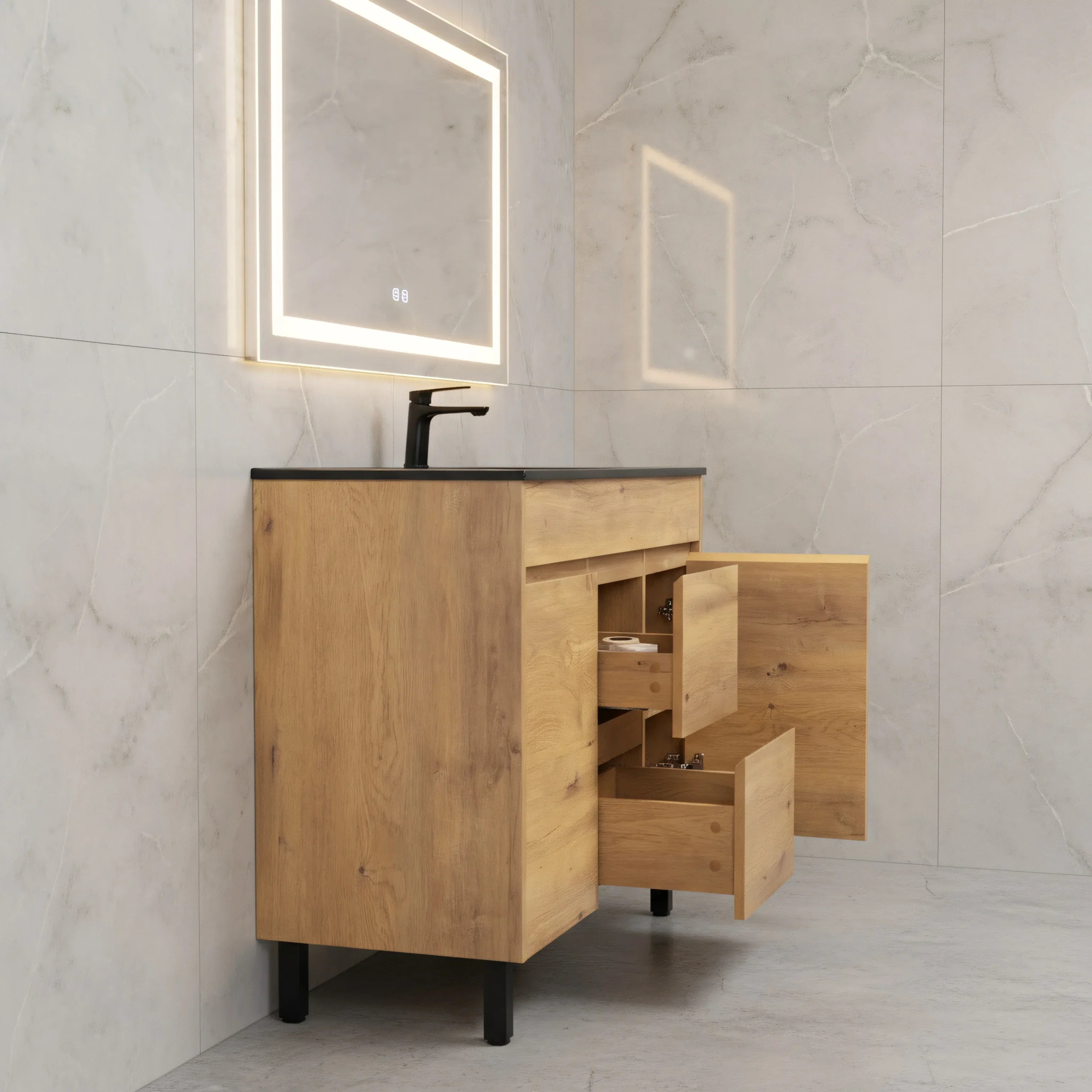 48" Frosted Oak Freestanding Single Sink Bathroom Vanity with Black Ceramic Countetop