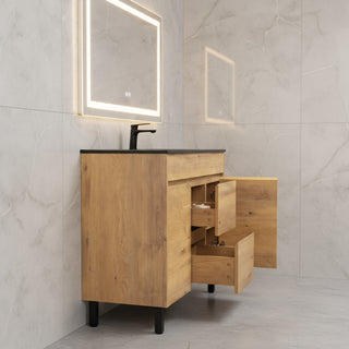 48" Frosted Oak Freestanding Single Sink Bathroom Vanity with Black Ceramic Countetop