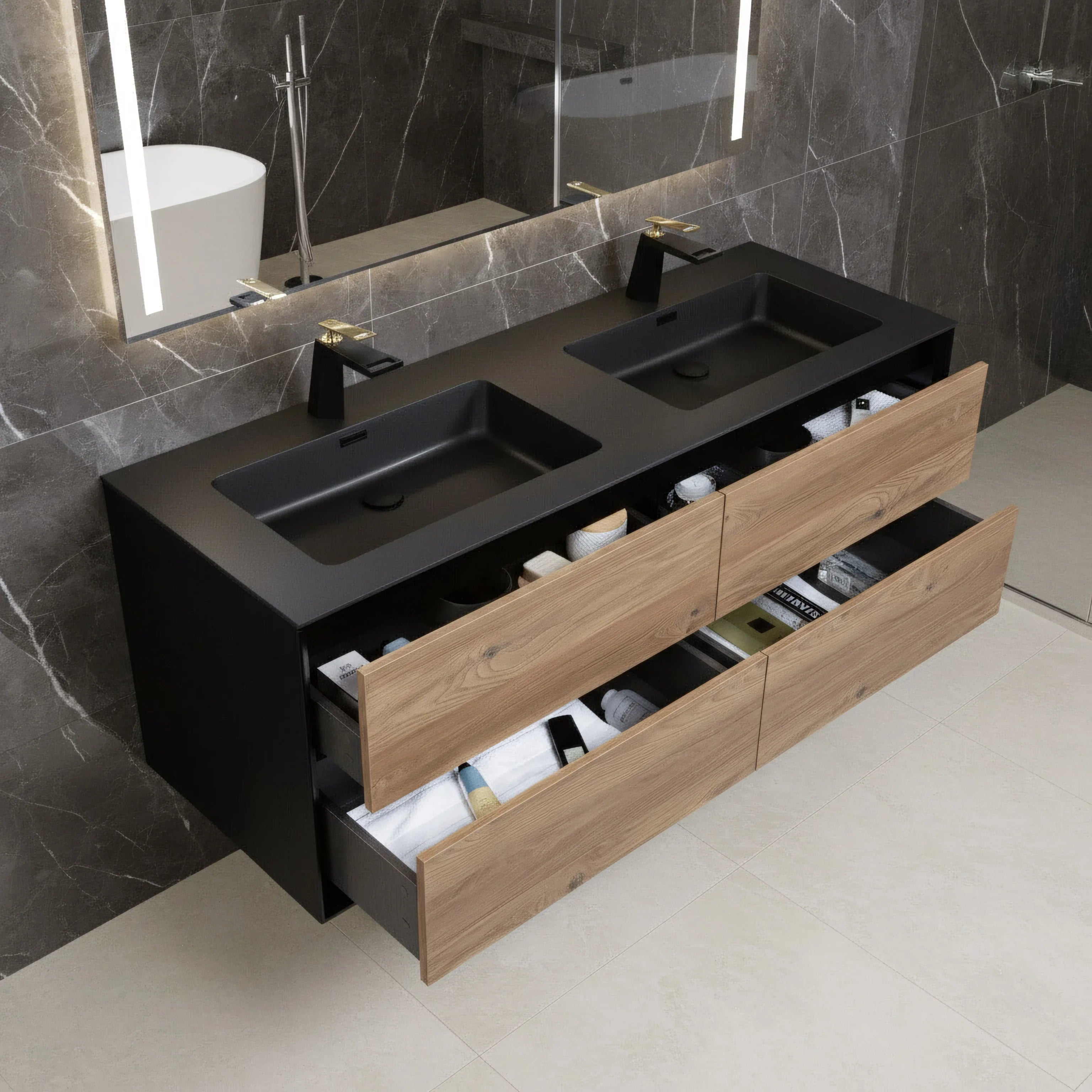 60" Black & Rough Oak Wall Mount Double Sink Bathroom Vanity with Black Engineered Quartz Countertop
