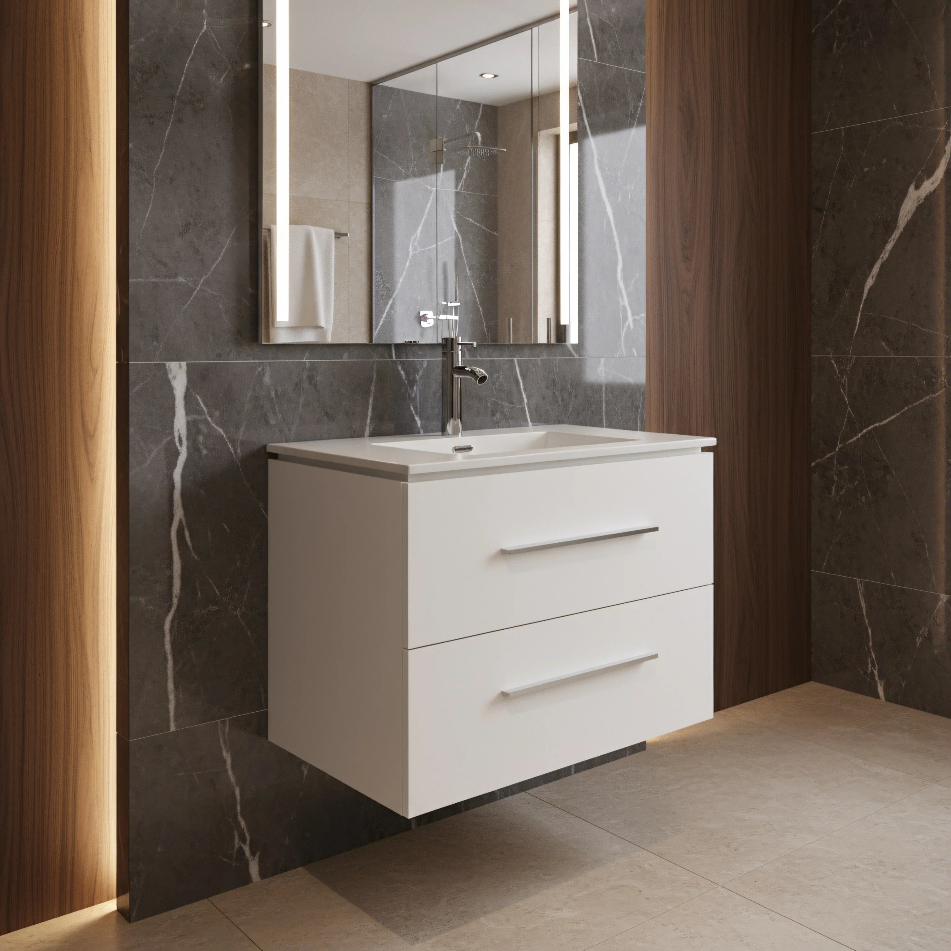 24" Matte White Wall Mount Bathroom Vanity with White Ceramic Countertop