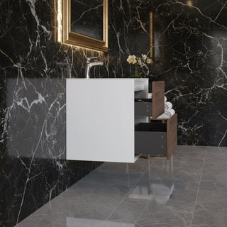 24" Walnut Wall Mount Vanity with White Polymarble Countertop