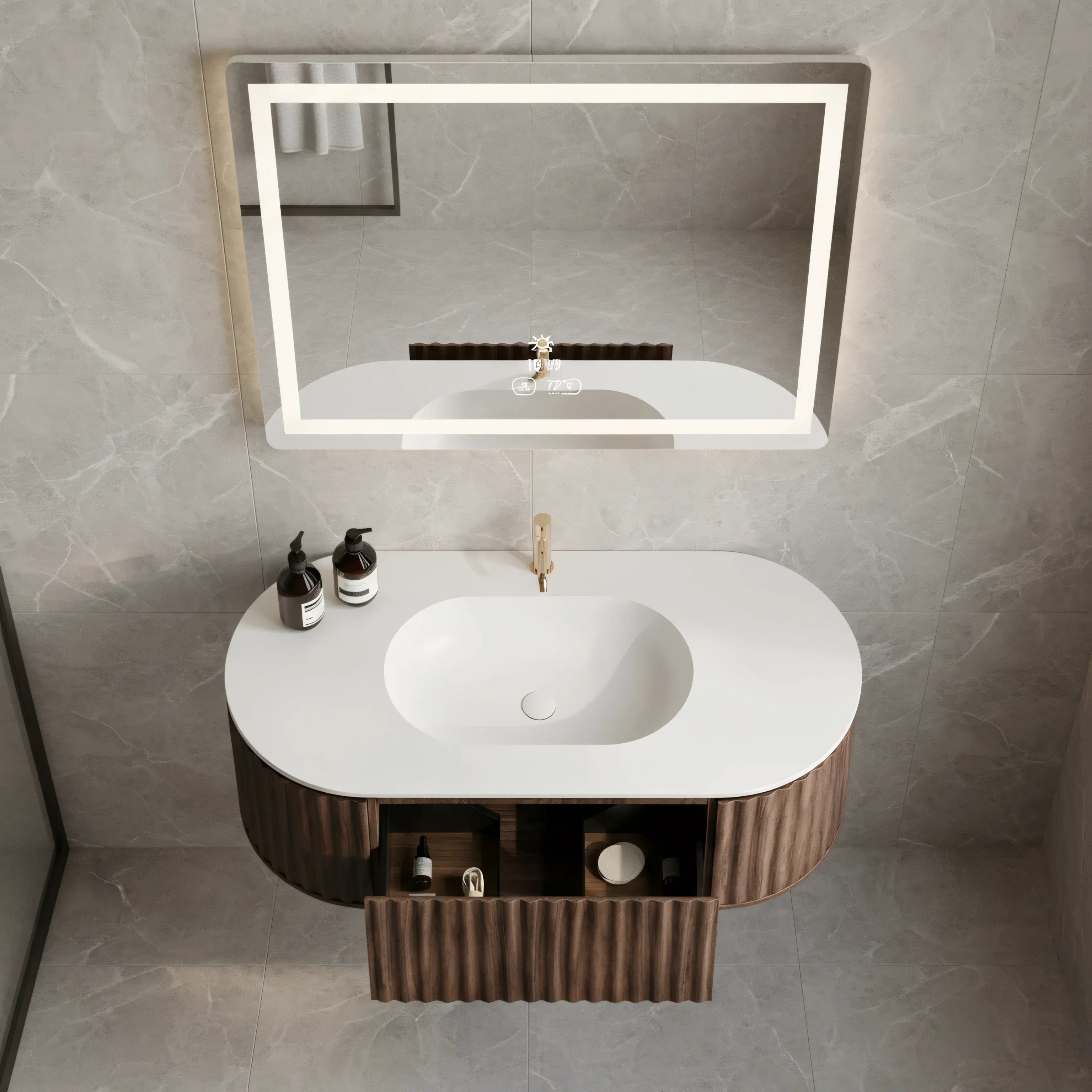 Meuble-lavabo 48 po en noyer courbé et cannelé - Comptoir blanc mat