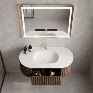 Meuble-lavabo Andorra 48 po en noyer courbé et cannelé - Comptoir blanc mat