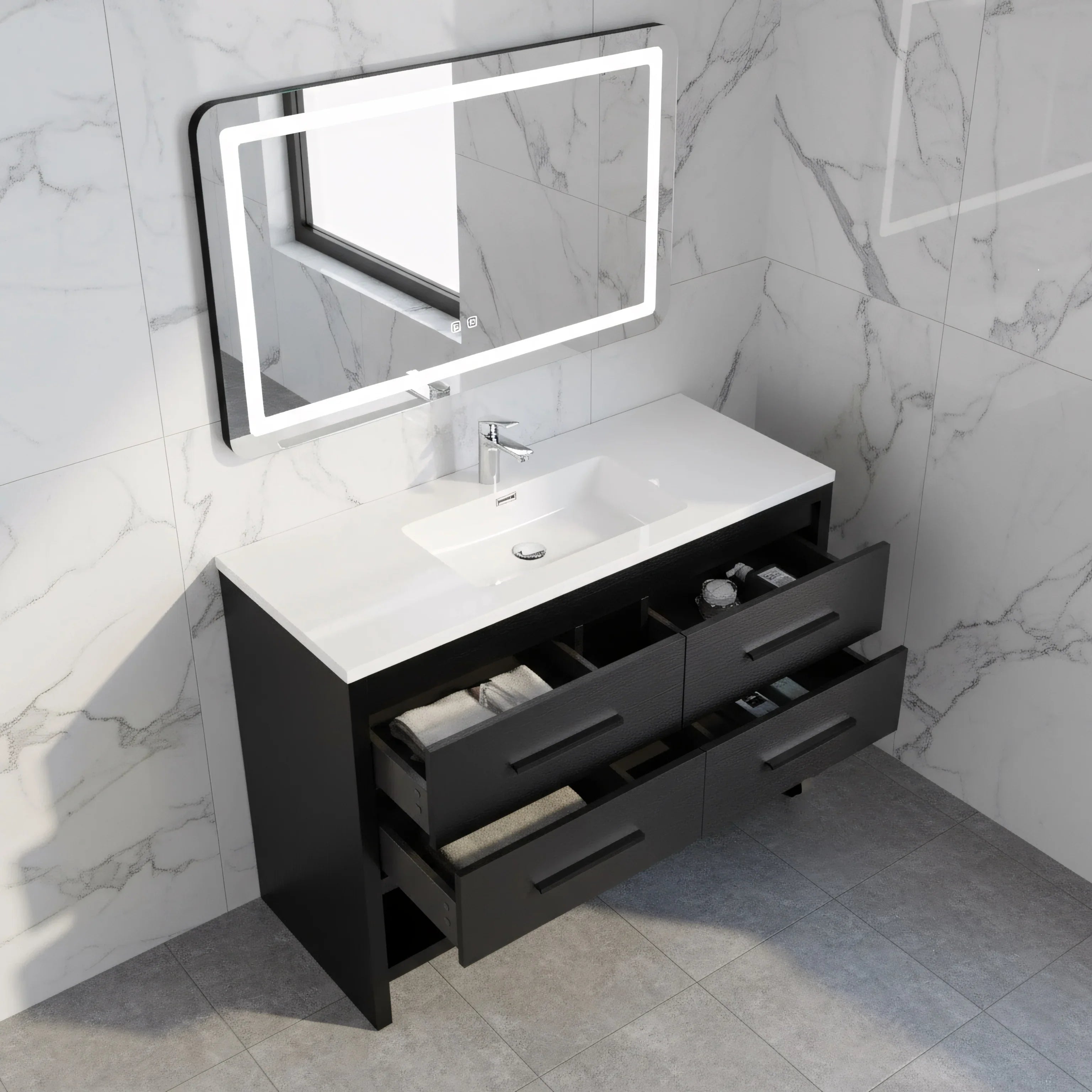Meuble-lavabo autoportant noir en chêne brut de 48" avec Comptoir en polymarbre blanc