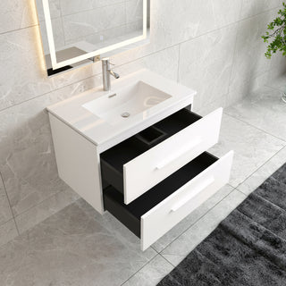 Meuble-Lavabo Mural 30po Blanc Mat avec Comptoir de Céramique Blanc