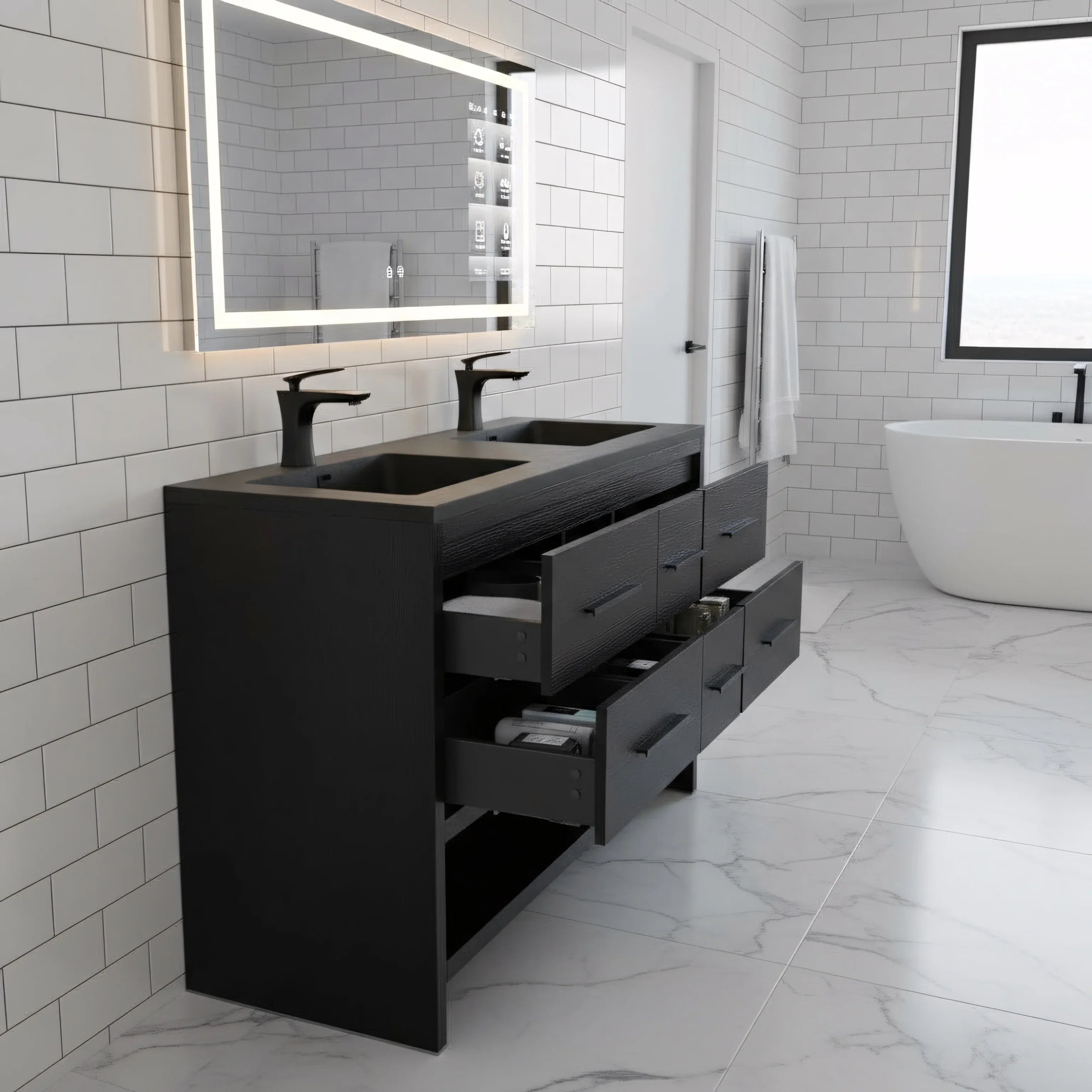 Meuble-lavabo de salle de bain autoportant en chêne brut noir de 72" avec Comptoir en quartz noir reconstitué