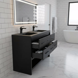 72" Black Rough Oak Freestanding Bathroom Vanity with Black Engineered Quartz Countertop