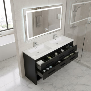 60" Black Oak Freestanding Double Sink Bathroom Vanity with White Polymarble Countertop