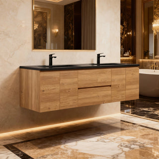 Meuble-Lavabo 72po Chêne Brut avec Comptoir de 72 Quartz Noir Lavabo Double