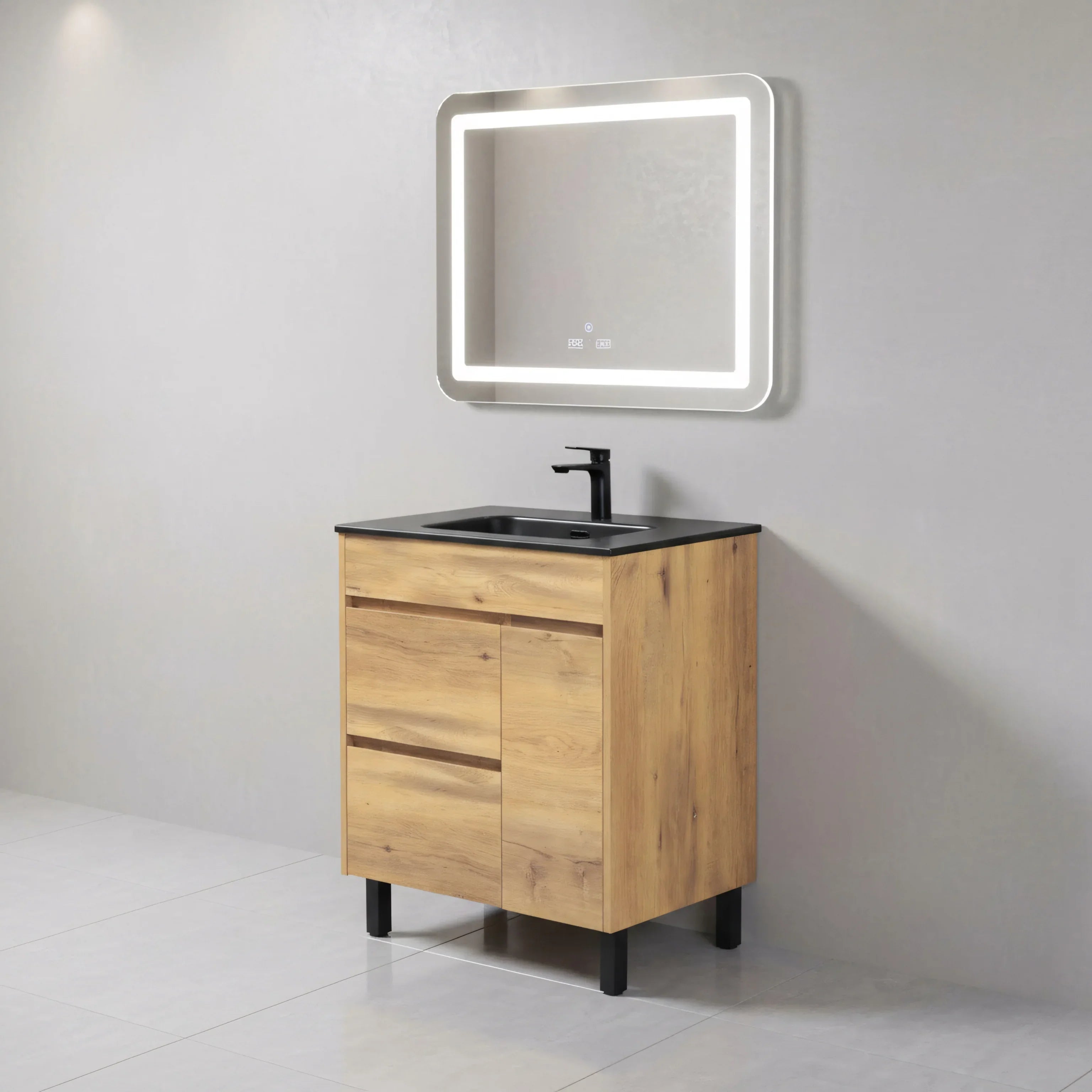 30" Frosted Oak Freestanding Single Sink Bathroom Vanity with Black Ceramic Countertop