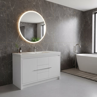 60" Glossy White Freestanding Single Sink Bathroom Vanity with White Polymarble Countertop