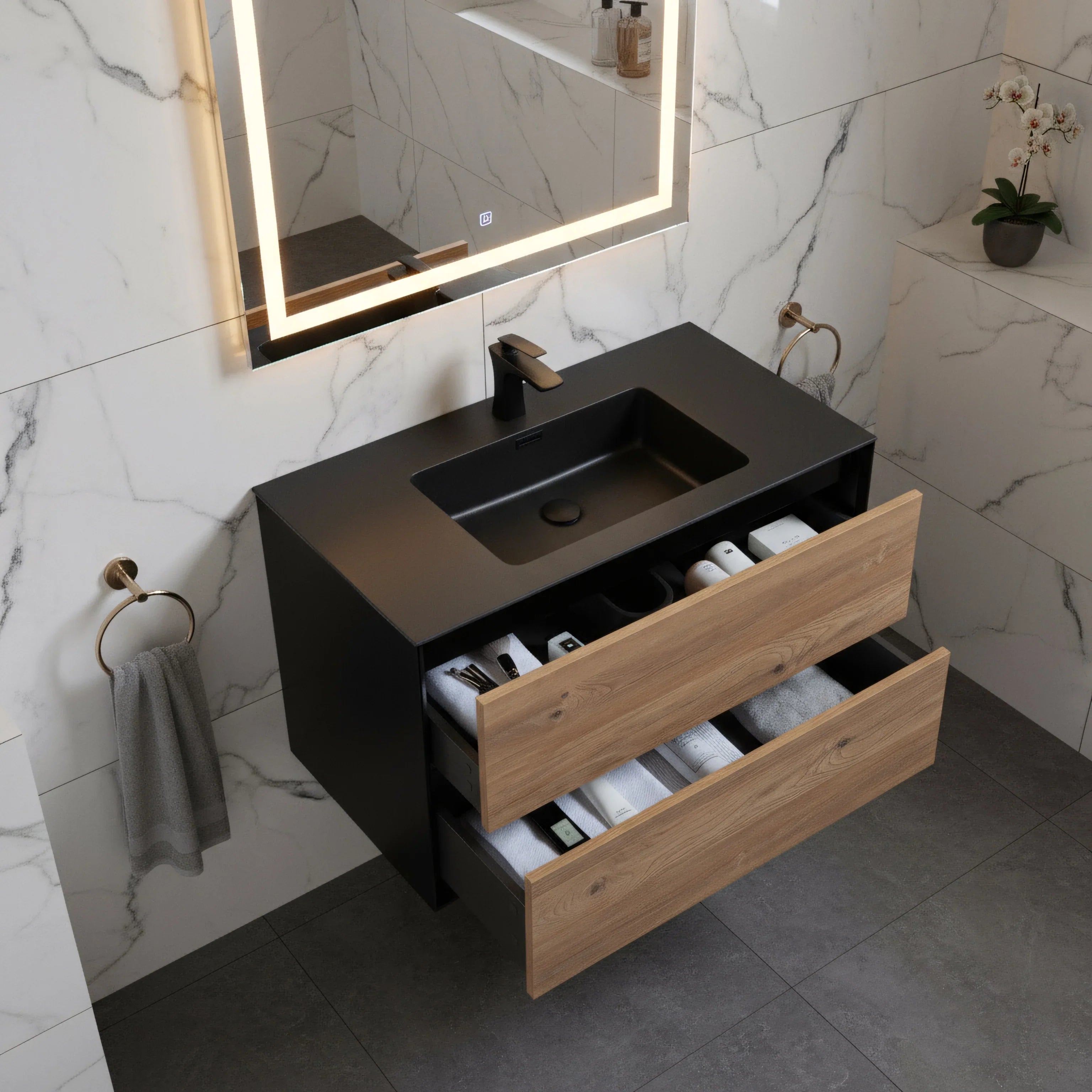 36" Black & Rough Oak Wall Mount Bathroom Vanity with Black Engineered Quartz Countertop Fleur