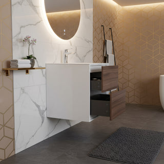 24" Walnut Wall Mount Vanity with White Polymarble Countertop