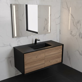 48" Black & Rough Oak Wall Mount Single Sink Bathroom Vanity with Black Engineered Quartz Countertop