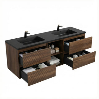 Meuble-Lavabo Mural 72po Noyer avec Comptoir de Quartz d'ingénierie Noir