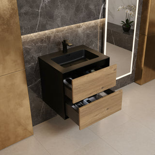 Meuble-Lavabo Mural 24po Noir et Chêne Brut avec Comptoir de Quartz d'ingénierie Noir 