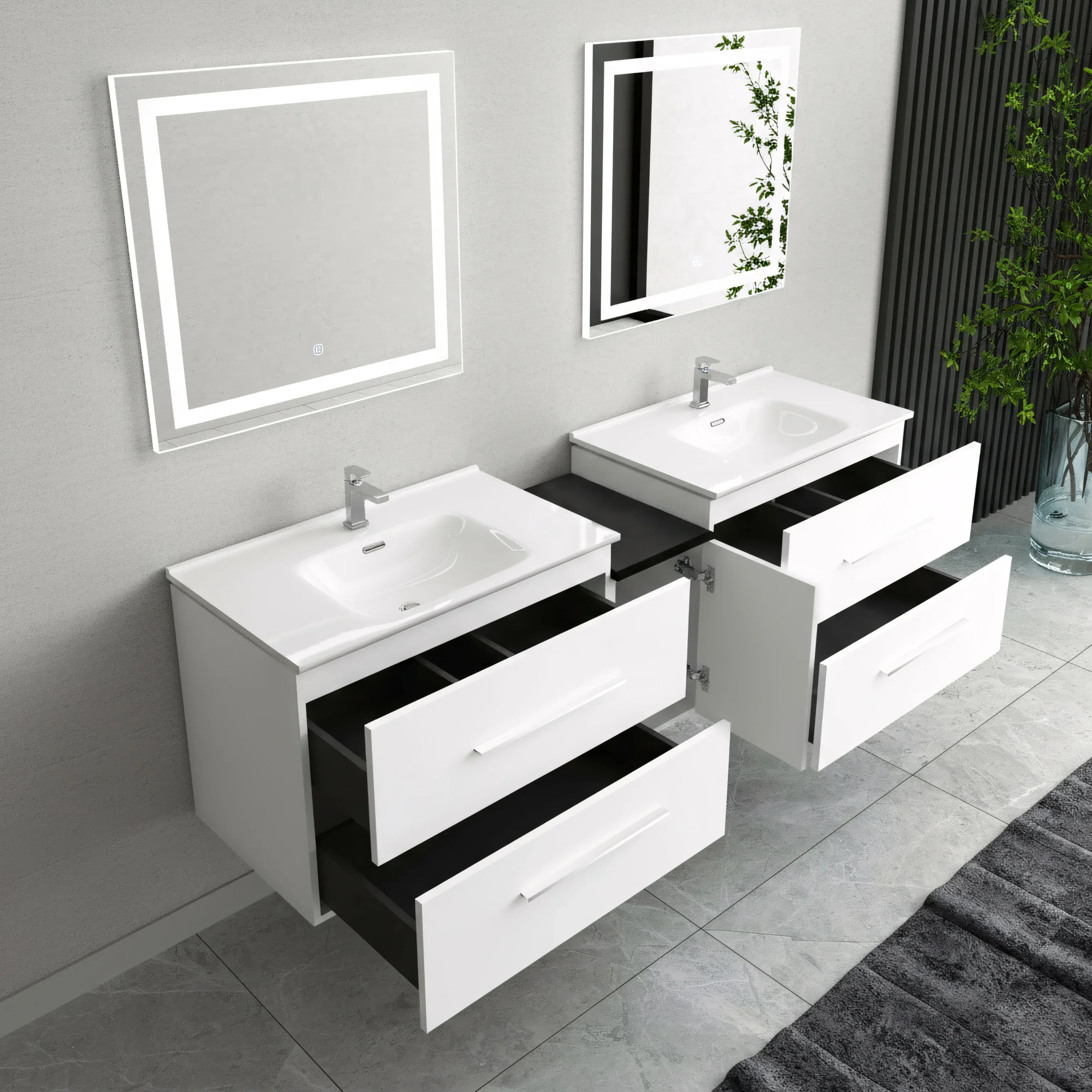 60" Matte White Wall Mount Double Sink Bathroom Vanity with White Ceramic Countertop