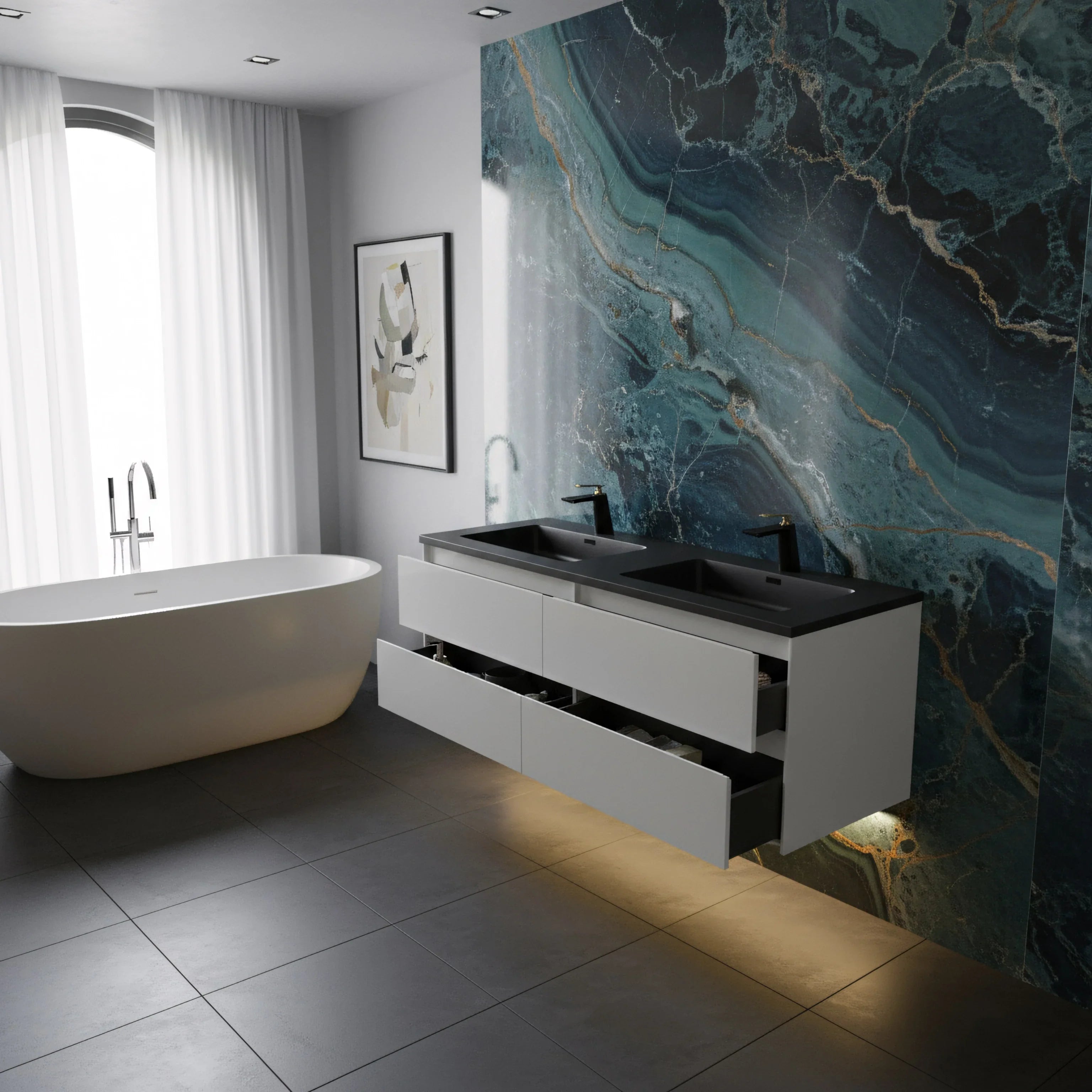 60" White Wall Mount Double Sink Bathroom Vanity with Black Engineered Quartz Countertop