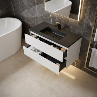 40" White Wall Mount Bathroom Vanity with Black Engineered Quartz Countertop