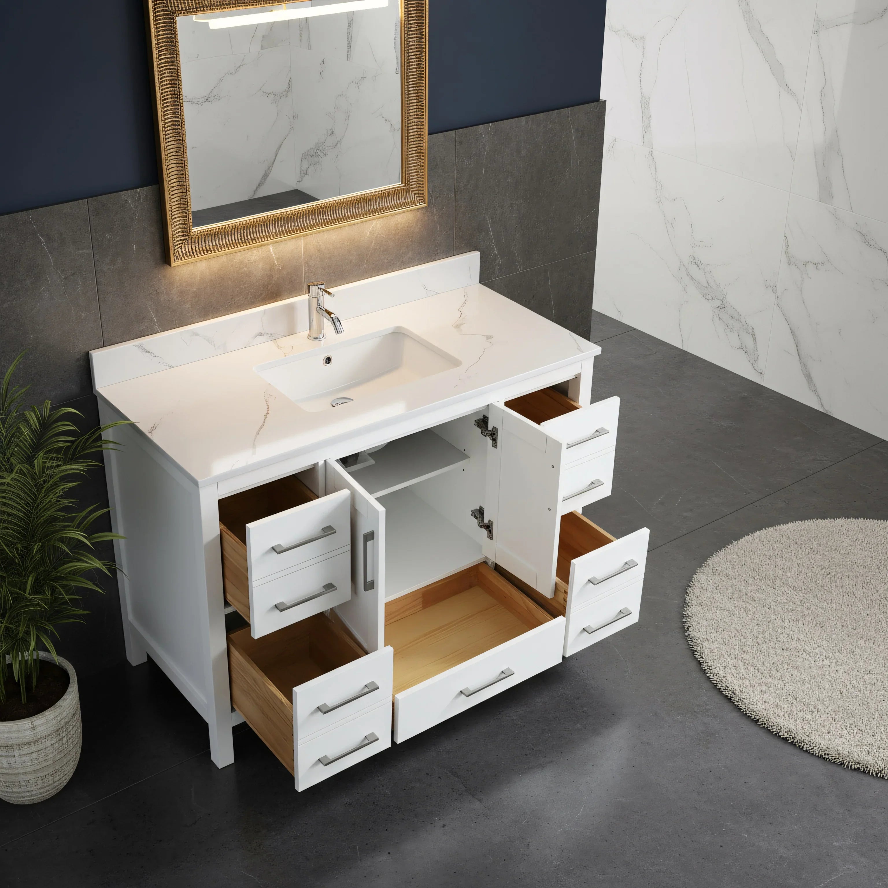 48" White Freestanding Bathroom Vanity with Engineered Calcutta Marble Countertop