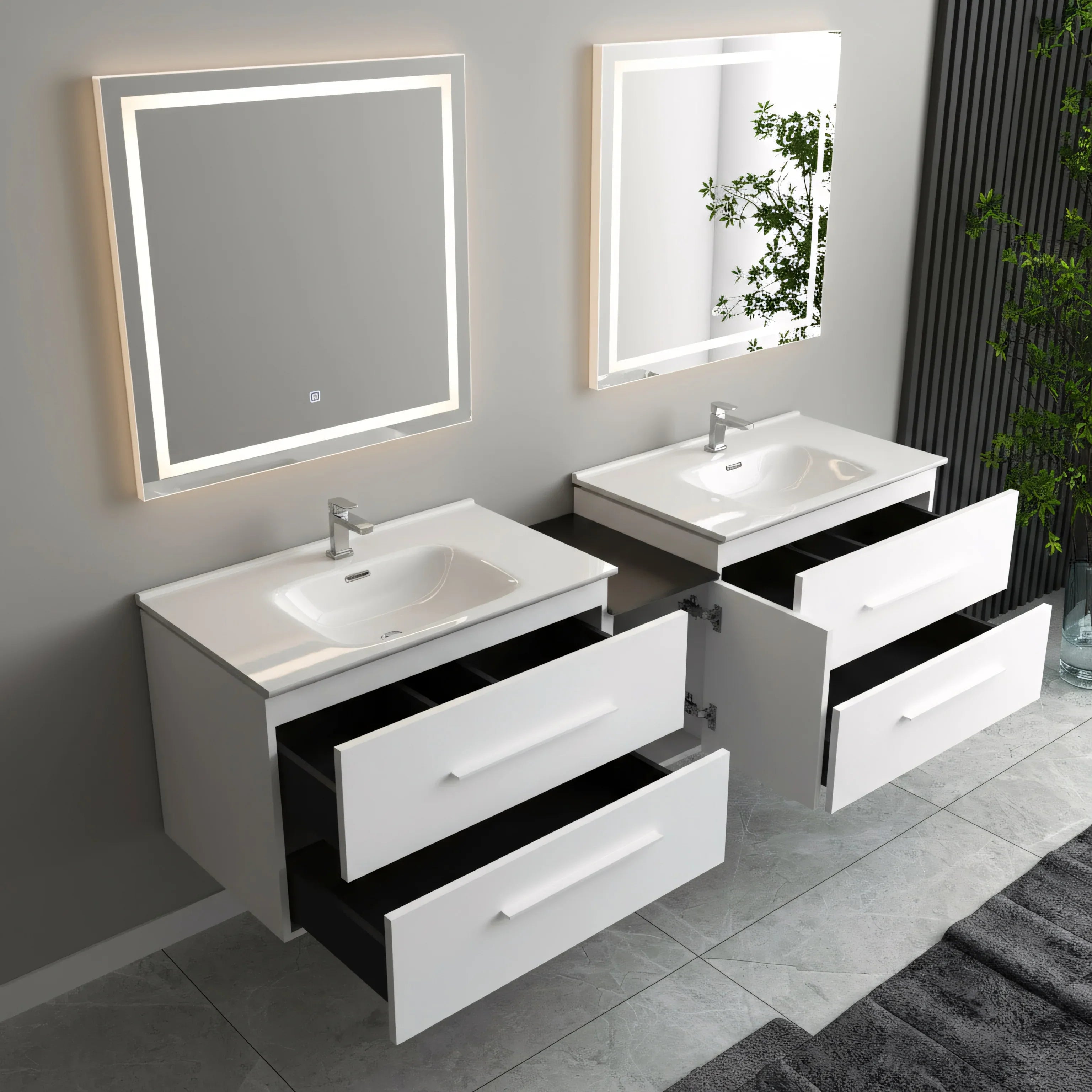 Meuble-Lavabo Mural 72po Blanc Mat avec Comptoir de Céramique Blanc