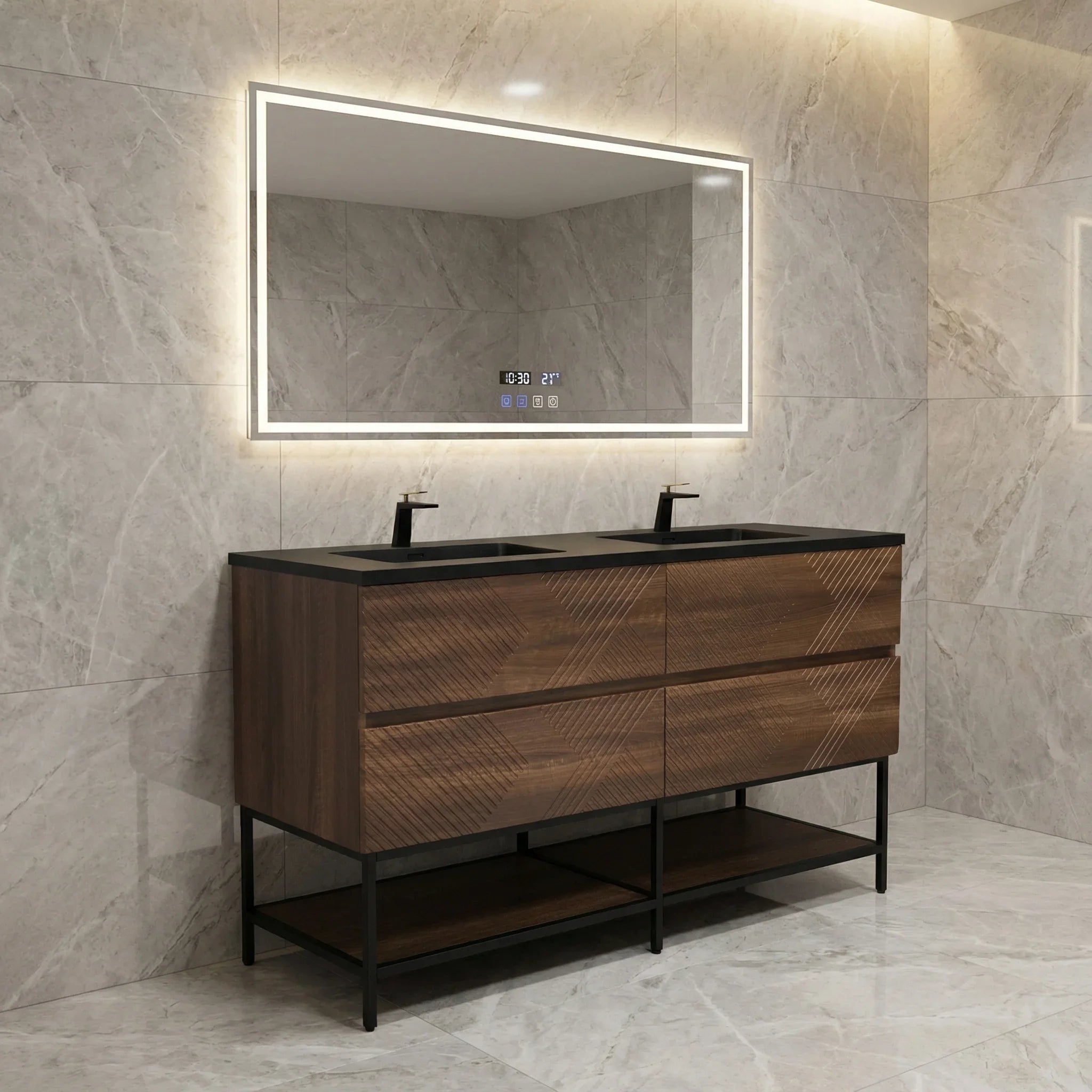 60" Walnut Wall Mount Double Sink Bathroom Vanity with Black Engineered Quartz Countertop