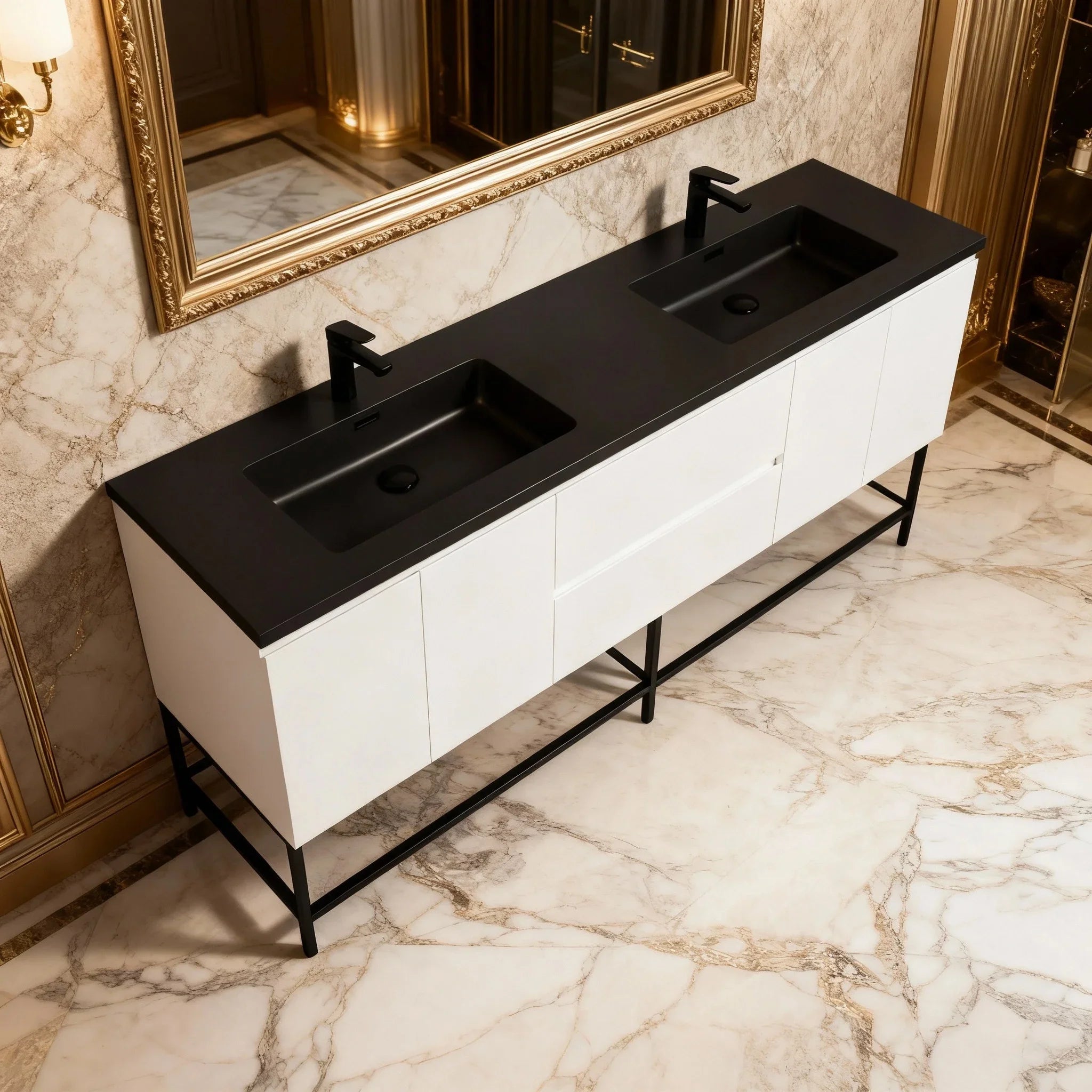 Meuble-Lavabo Mural 72po Blanc avec Comptoir de Quartz d'ingénierie Noir
