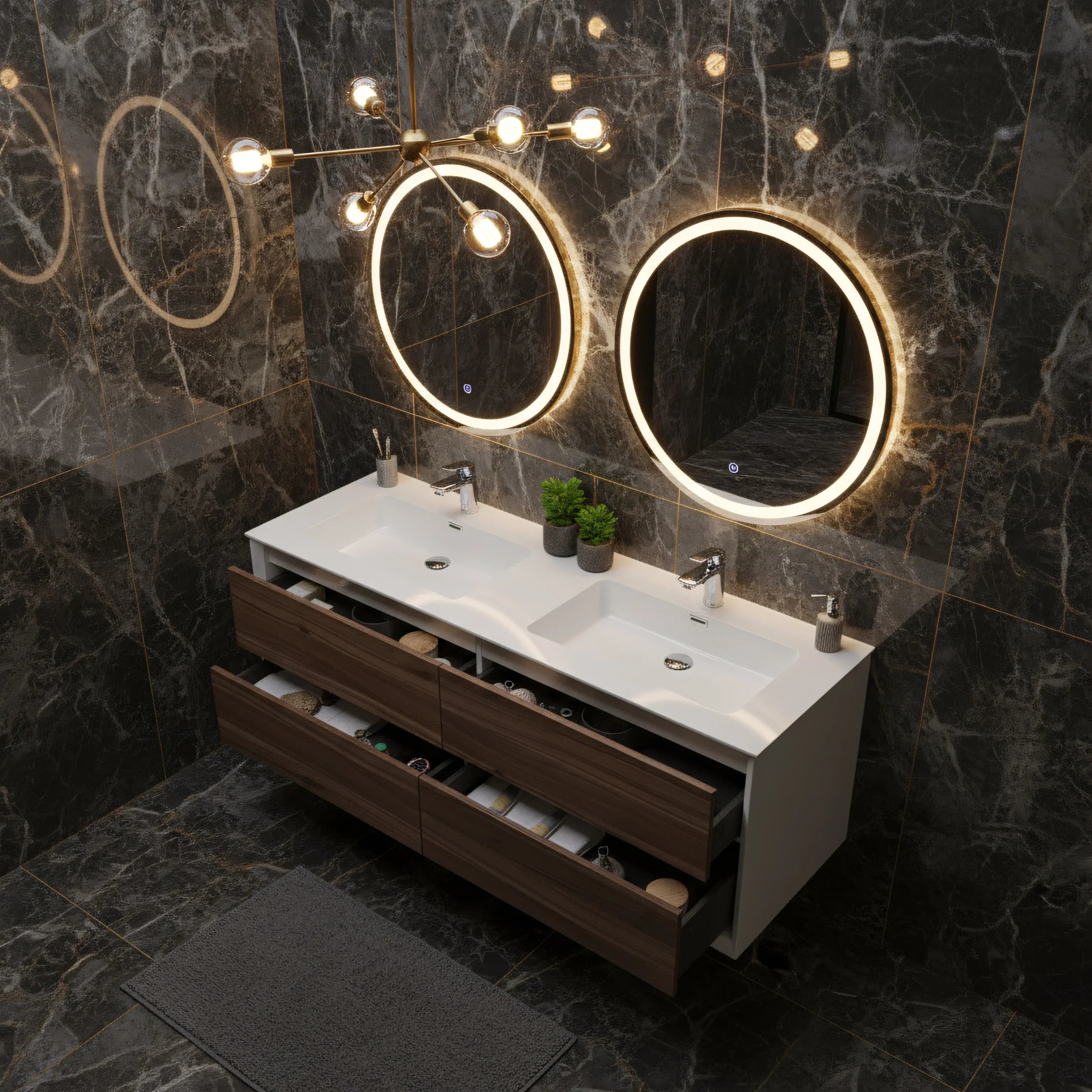 Meuble-lavabo double mural en noyer de 60" avec Comptoir en polymarbre blanc Fleur