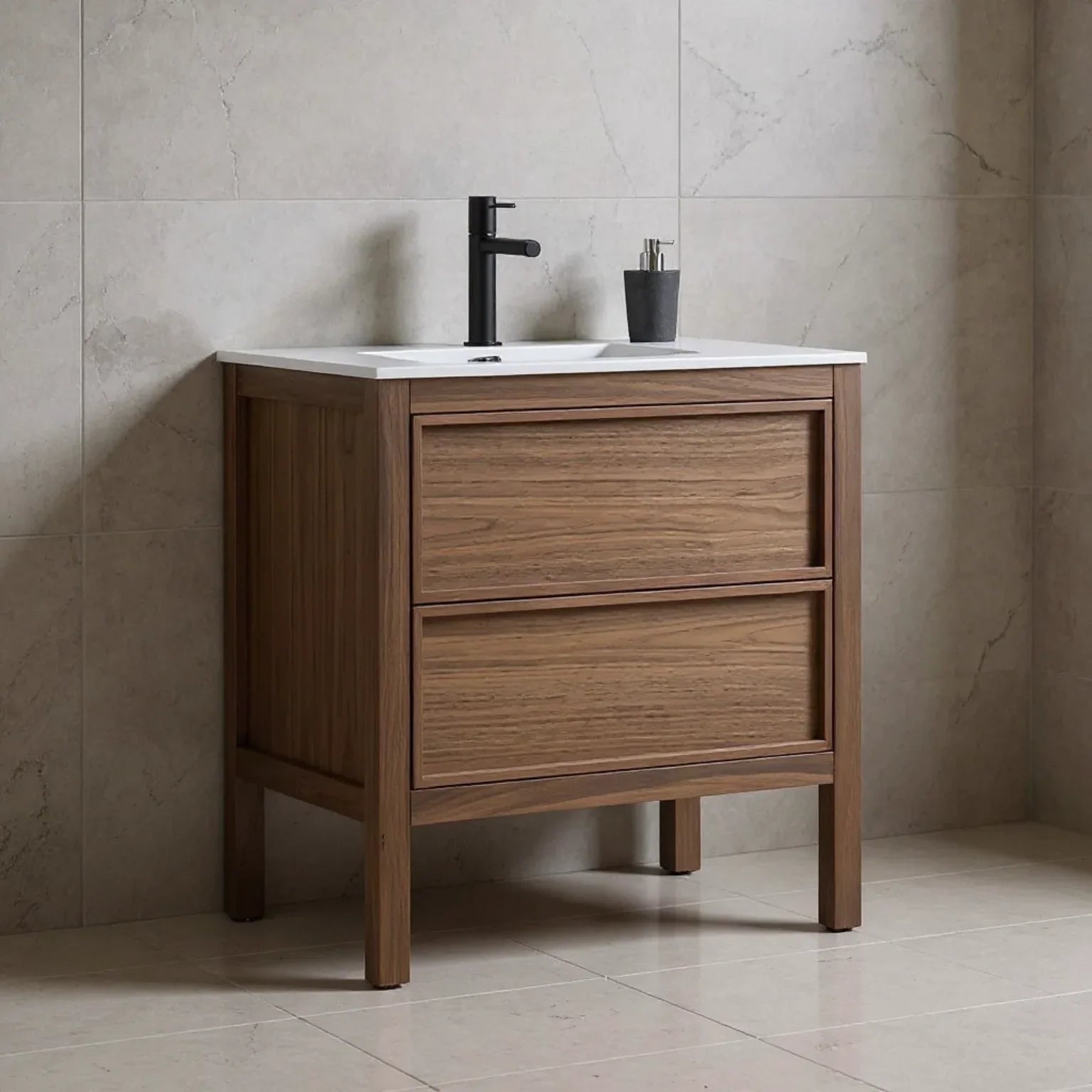 30" Natural Walnut Freestanding Bathroom Vanity with White Solid surface Countertop