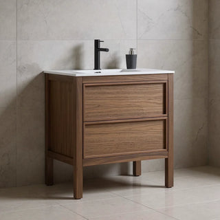 30" Natural Walnut Freestanding Bathroom Vanity with White Solid surface Countertop