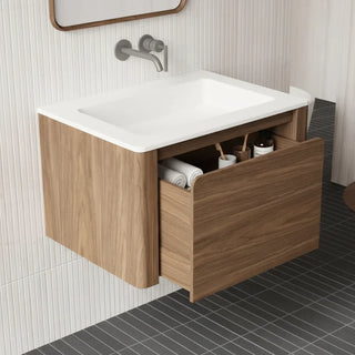 Meuble-Lavabo Mural 30po Noyer avec Comptoir en Surface Solide Mat Blanc