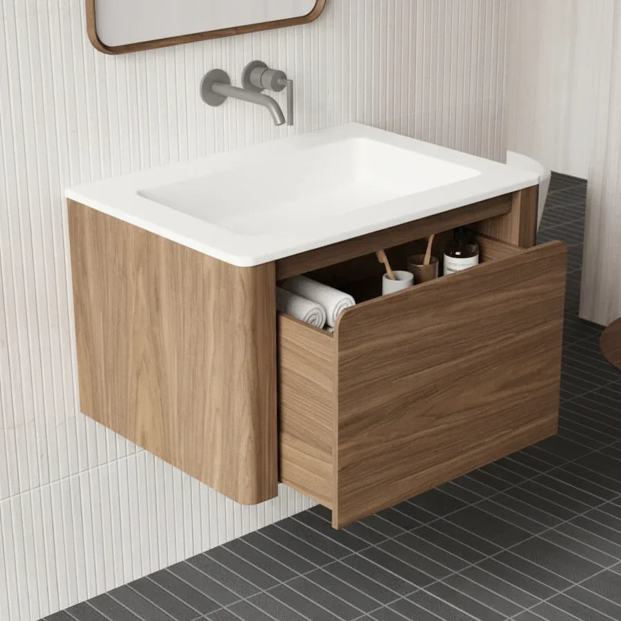 30" Walnut Wall Mount Bathroom Vanity with Matte White Solid Surface Countertop