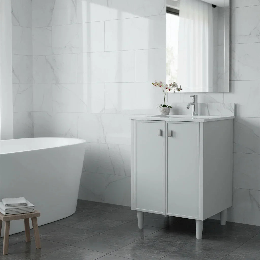 Meuble Lavabo Autoportant 24po Gris Hampton avec Comptoir Marbre Calcutta