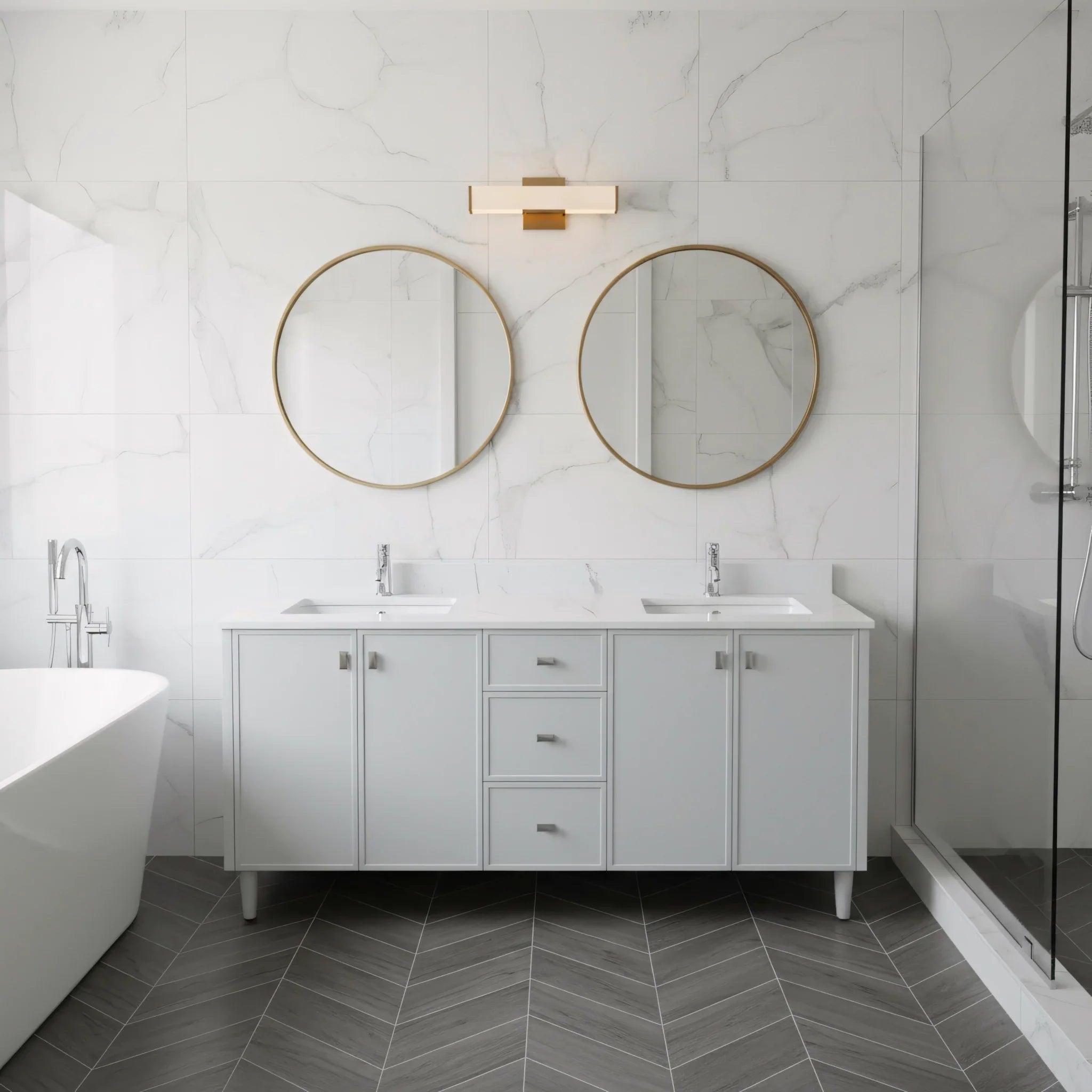 Meuble Lavabo Autoportant 60po Hampton Gris Double Vasque avec Comptoir Marbre Calcutta