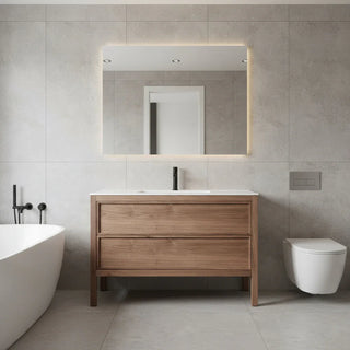 48" Natural Walnut Freestanding Single Sink Bathroom Vanity with White Solid Surface Countertop