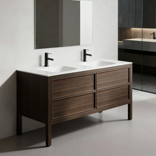 60" Smoked Oak Freestanding Double Sink Bathroom Vanity with White Solid Surface Countertop