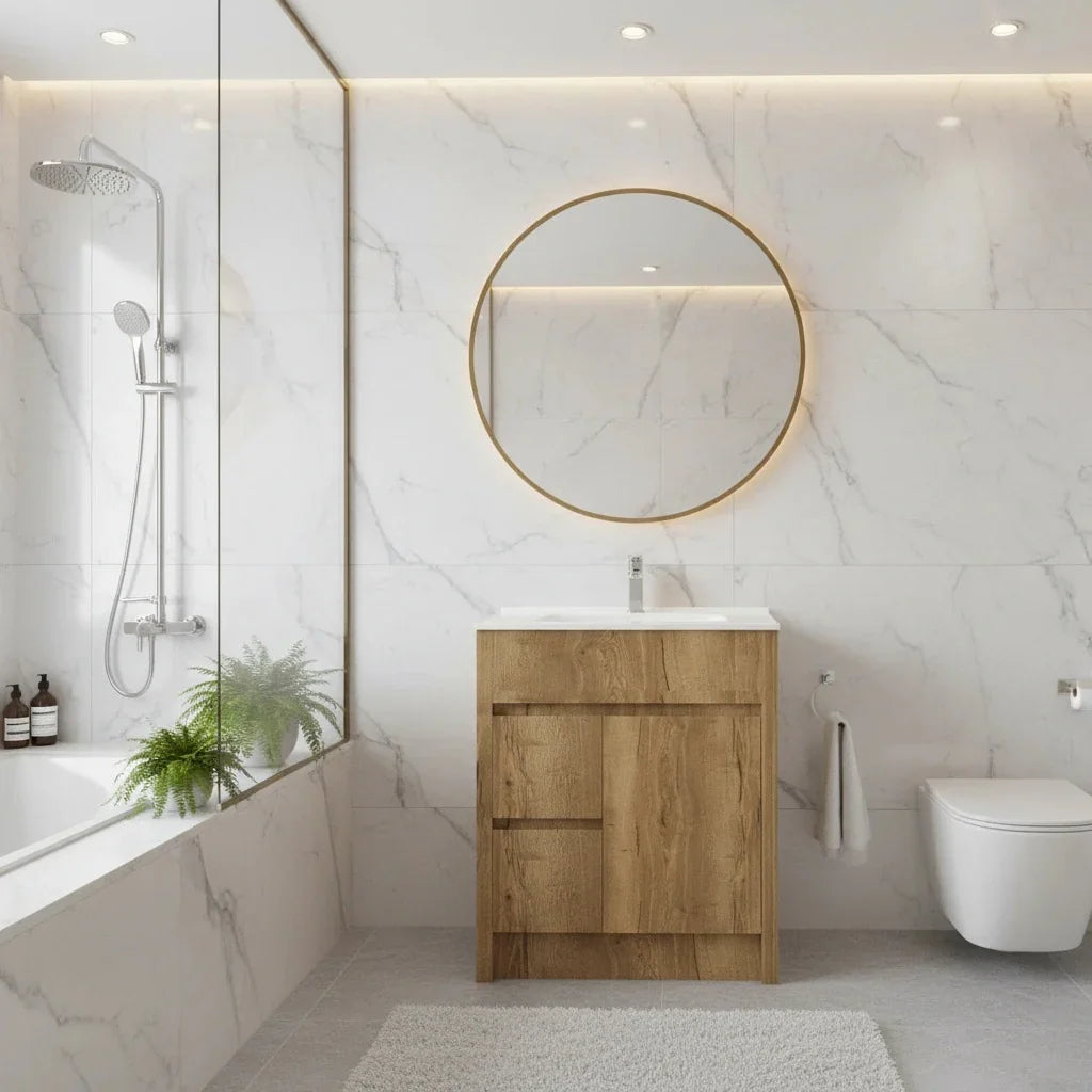 30" Frosted Oak Freestanding Bathroom Vanity with White Ceramic Countertop