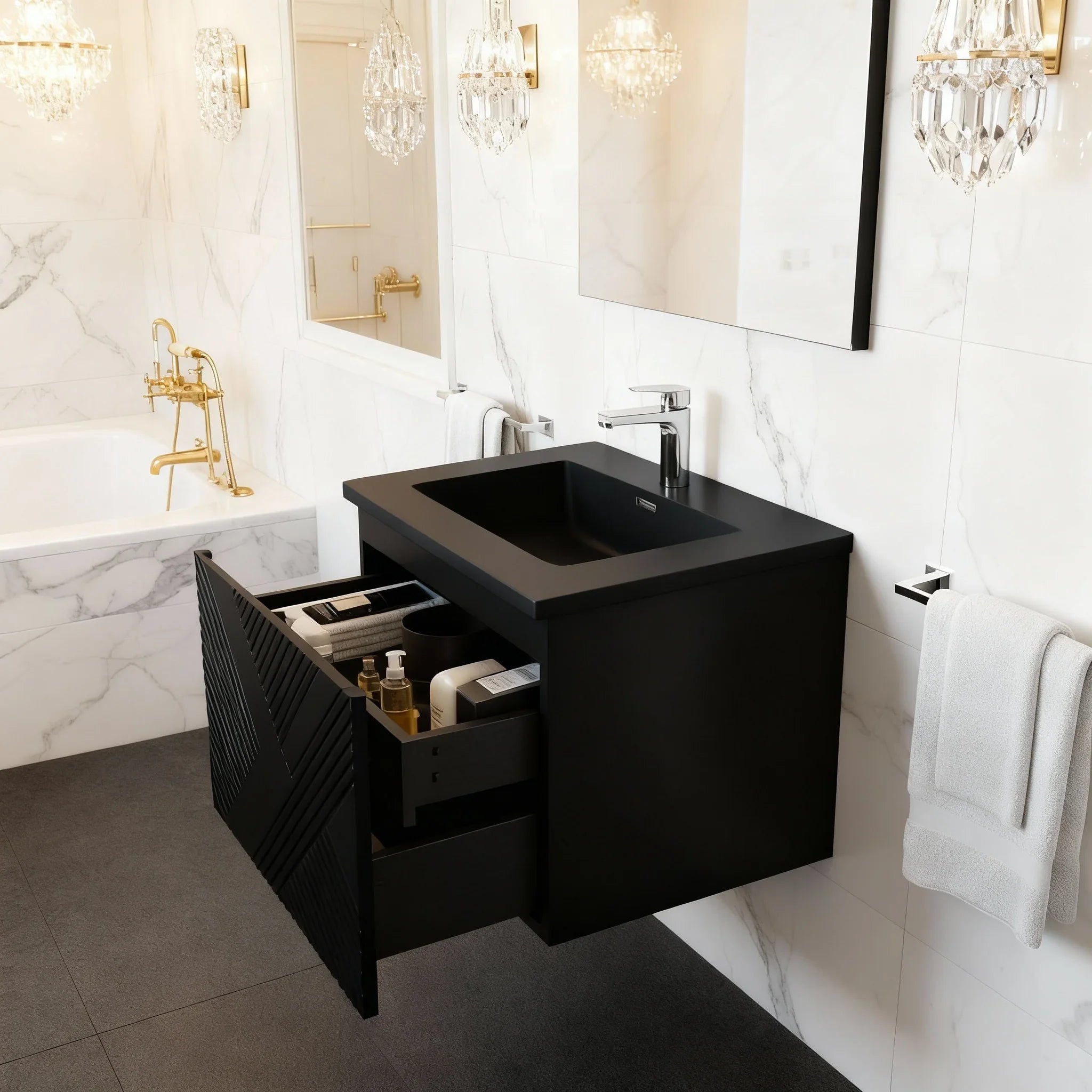 30" Black Wall Mount Bathroom Vanity with Black Engineered Quartz Countertop