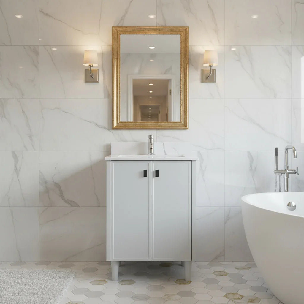 Meuble Lavabo Autoportant 24po Gris Hampton avec Comptoir Marbre Calcutta