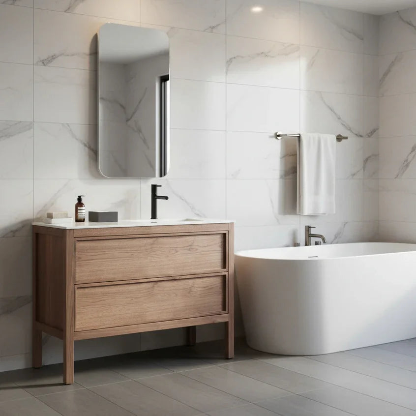 48" Natural Walnut Freestanding Single Sink Bathroom Vanity with White Solid Surface Countertop